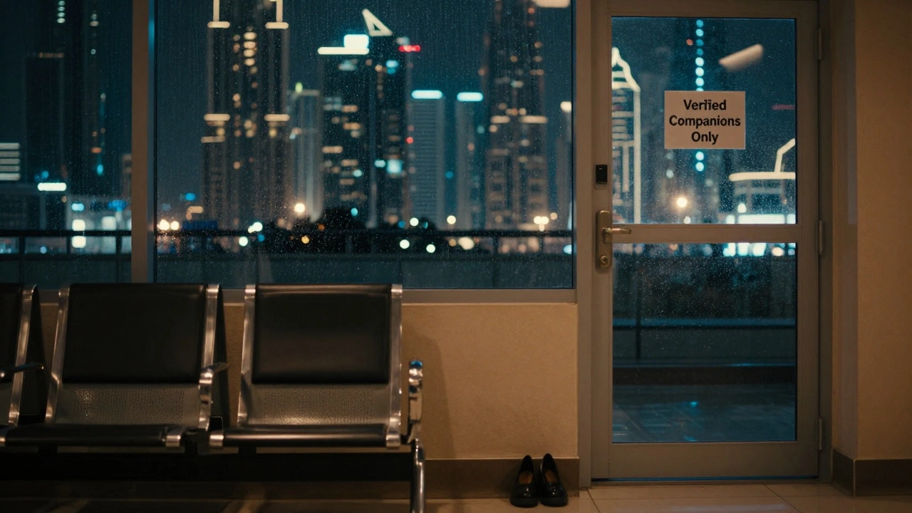 A dimly lit waiting area in Dubai with a view of the city skyline through a rainy window.