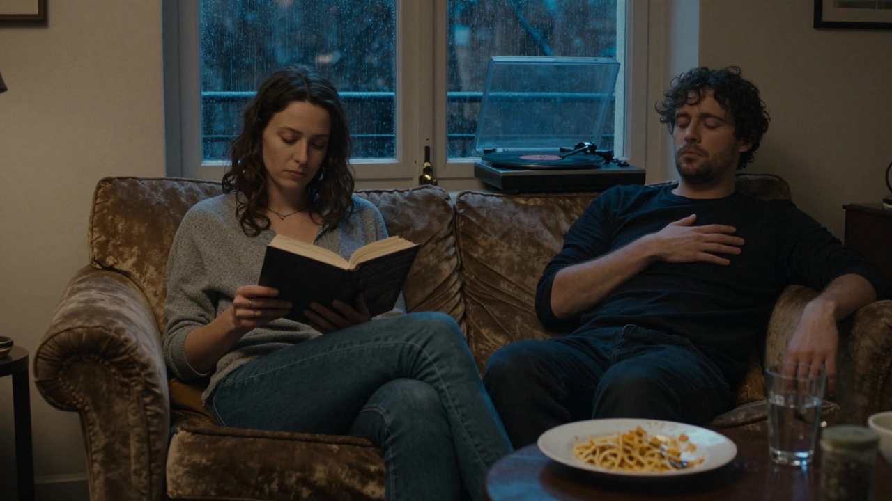 A man and woman in a cozy apartment, listening to jazz, books and pasta on the table, night rain outside.