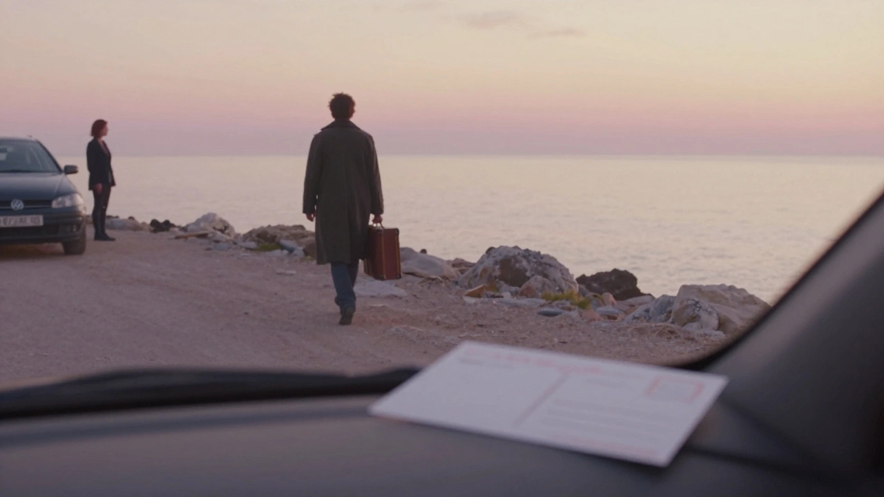 A man walking away at sunrise along the Cassis coast, a woman watching from her car, postcard visible.