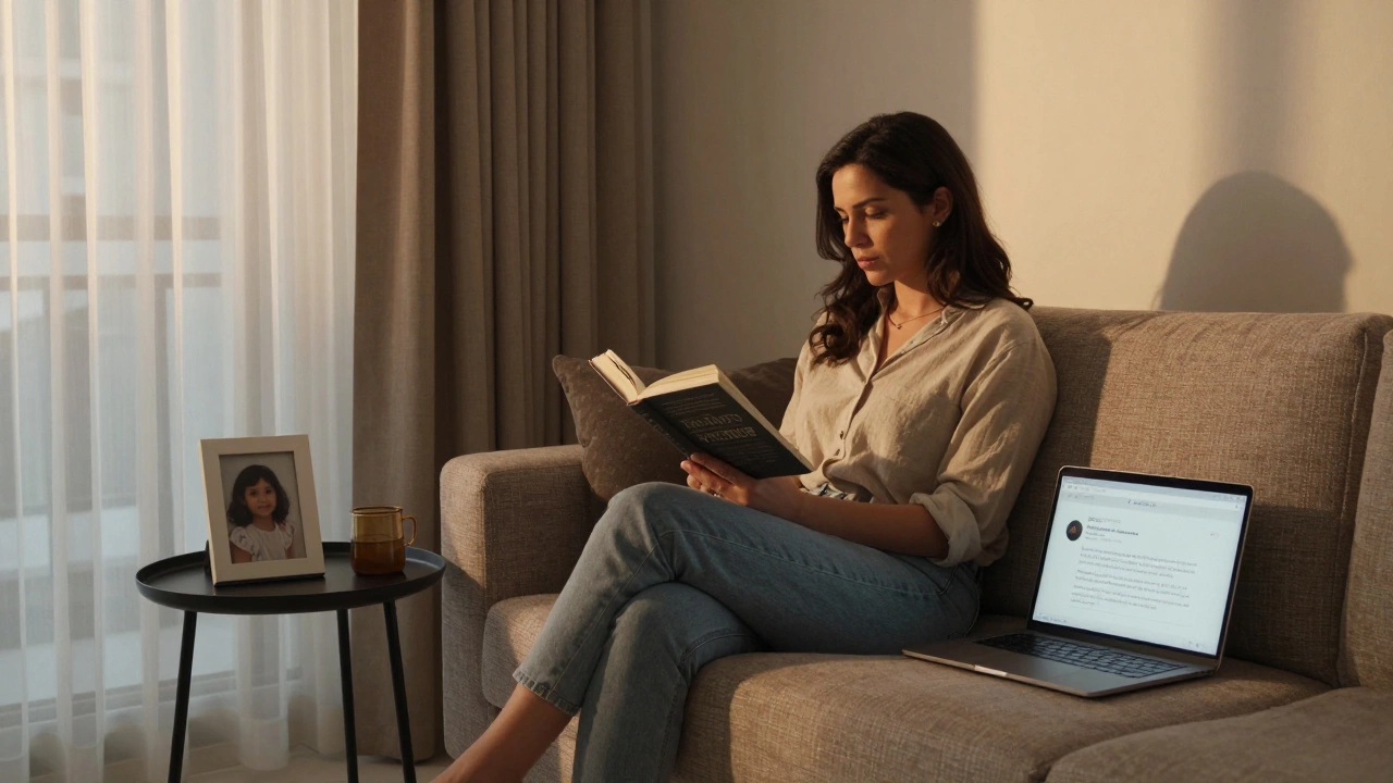A woman reading a book in her Dubai apartment, with a photo of her daughter on the table.